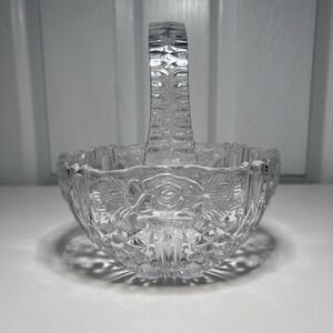 Vtg 24% Lead Crystal Basket Anna Hutte Bleikristall Germany  Pressed Rose Motif